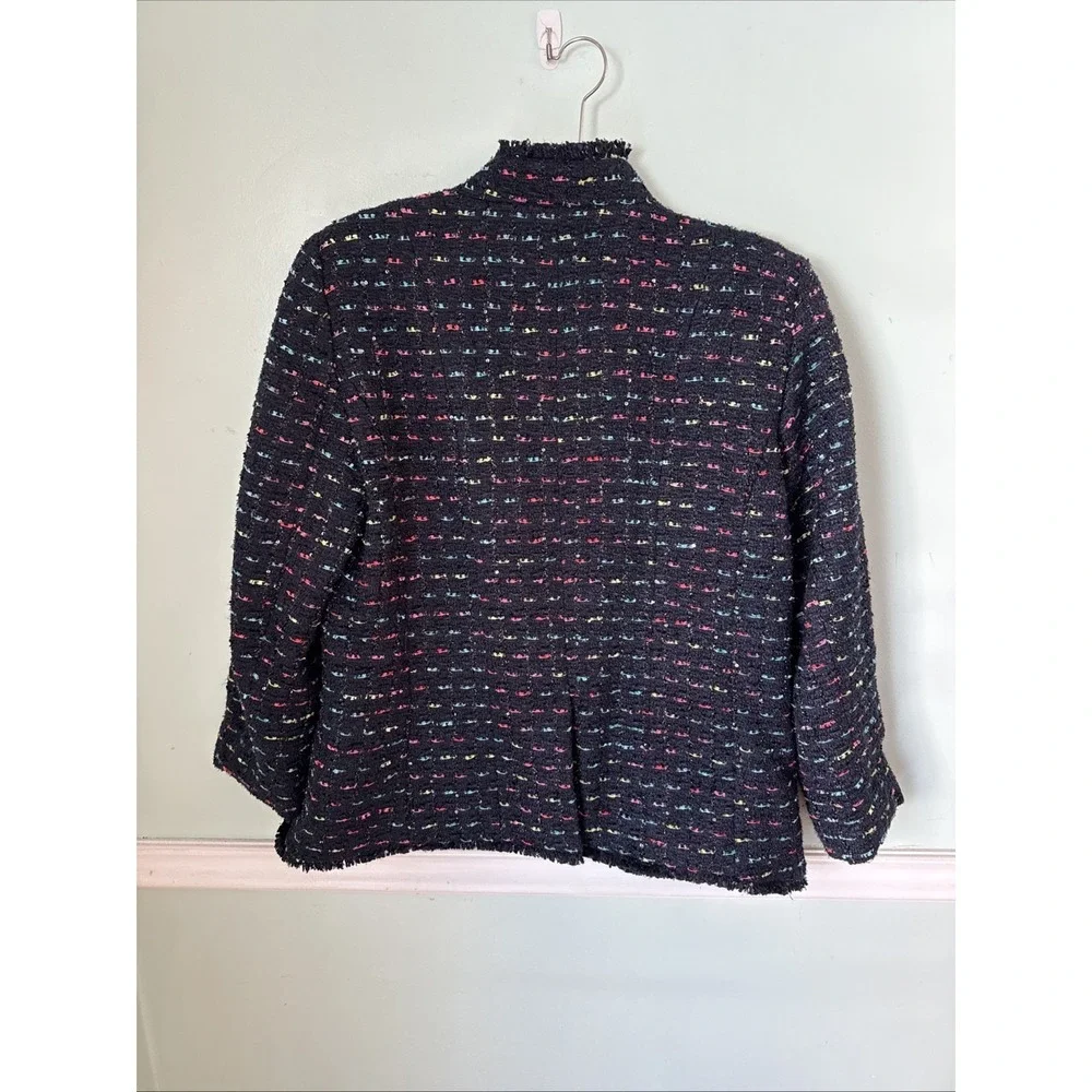 Talbots Sz 10 NAVY TWEED Rainbow Open Jacket Blazer Heavy Gold Career Dress‎